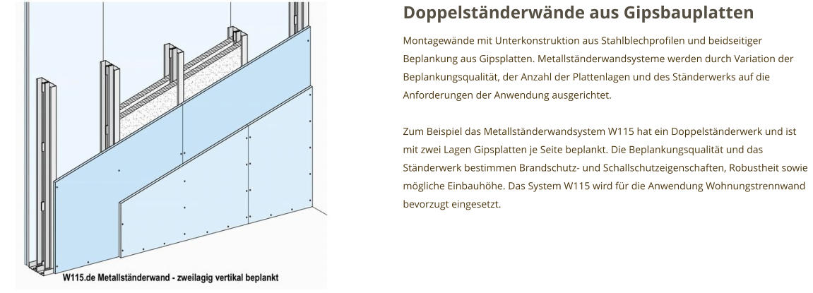 Doppelständerwände aus Gipsbauplatten Montagewände mit Unterkonstruktion aus Stahlblechprofilen und beidseitiger Beplankung aus Gipsplatten. Metallständerwandsysteme werden durch Variation der Beplankungsqualität, der Anzahl der Plattenlagen und des Ständerwerks auf die Anforderungen der Anwendung ausgerichtet.  Zum Beispiel das Metallständerwandsystem W115 hat ein Doppelständerwerk und ist mit zwei Lagen Gipsplatten je Seite beplankt. Die Beplankungsqualität und das Ständerwerk bestimmen Brandschutz- und Schallschutzeigenschaften, Robustheit sowie mögliche Einbauhöhe. Das System W115 wird für die Anwendung Wohnungstrennwand bevorzugt eingesetzt.